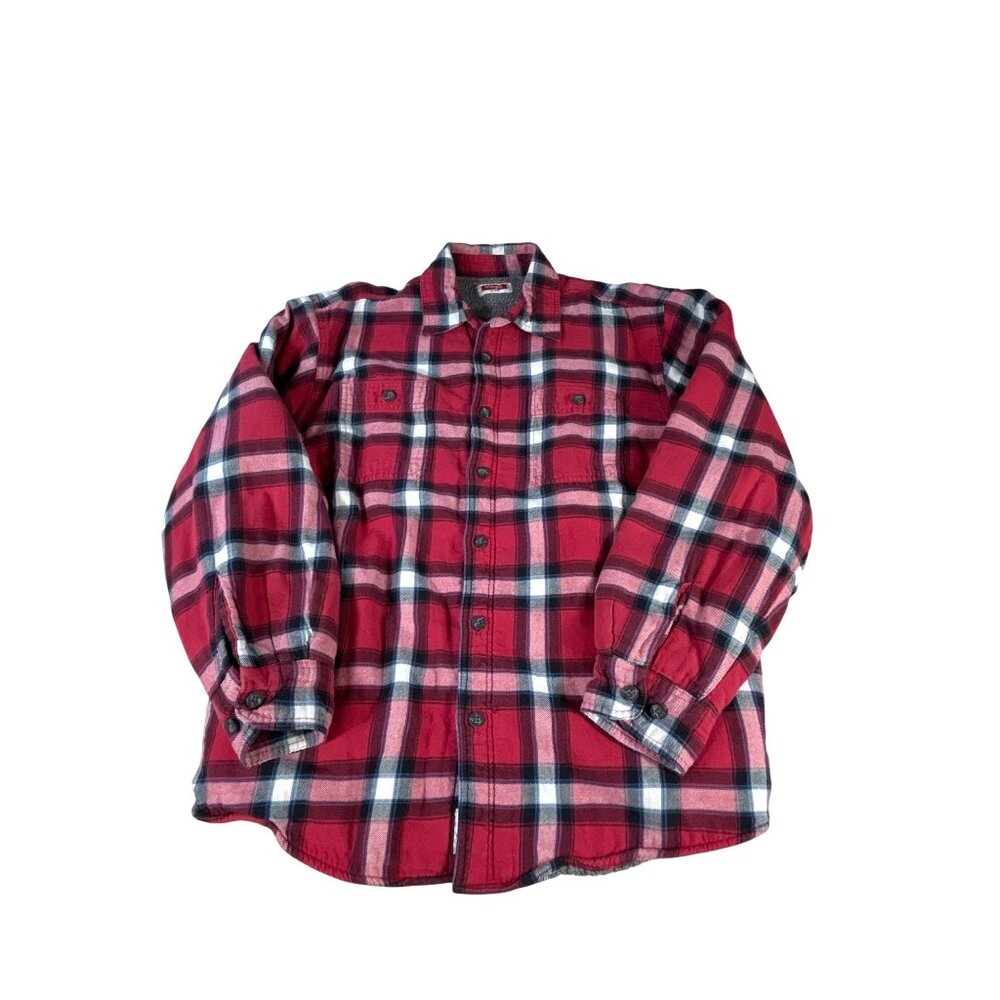 Wrangler Red Plaid Shacket Shirt Men's L Sherpa Lined Flannel Winter Workwear - Picture 1 of 6